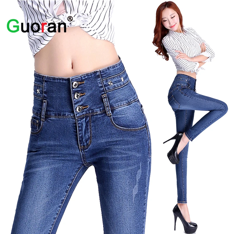

{Guoran} High Waist Women Denim Jeans Pencil Pants Blue Washed Female Slim Skinny Trousers Plus Size Ladies Fashion Stretch pant