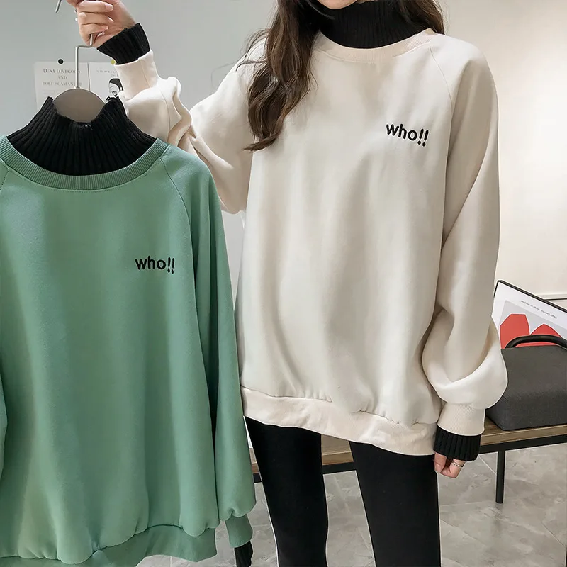 

2019 New Korean Version of Lazy Wind Plus Velvet High Collar Fake Two Female Students Loose Hoodie Top
