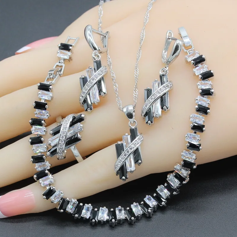 

925 Sterling Silver Jewelry Sets For Women Bridal 2018 New Black White Zirconia 4PCS Necklace Pendant Bracelet Ring Earrings