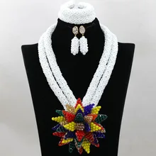 Блестящий цветной цветок кулон эффектное ожерелье набор белые свадебные бусы комплект украшений в африканском стиле WA725