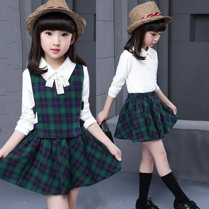 Girls White Shirt Plaid Waistcoat Skirts 3PCS Suit 1-7