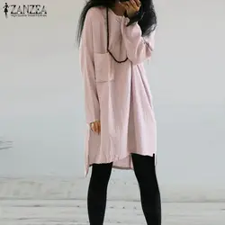 2019 ZANZEA Осень с длинным рукавом удлиненная блуза, кофты Для женщин Повседневное одноцветное с круглым вырезом свободные Blusas Винтаж хлопок