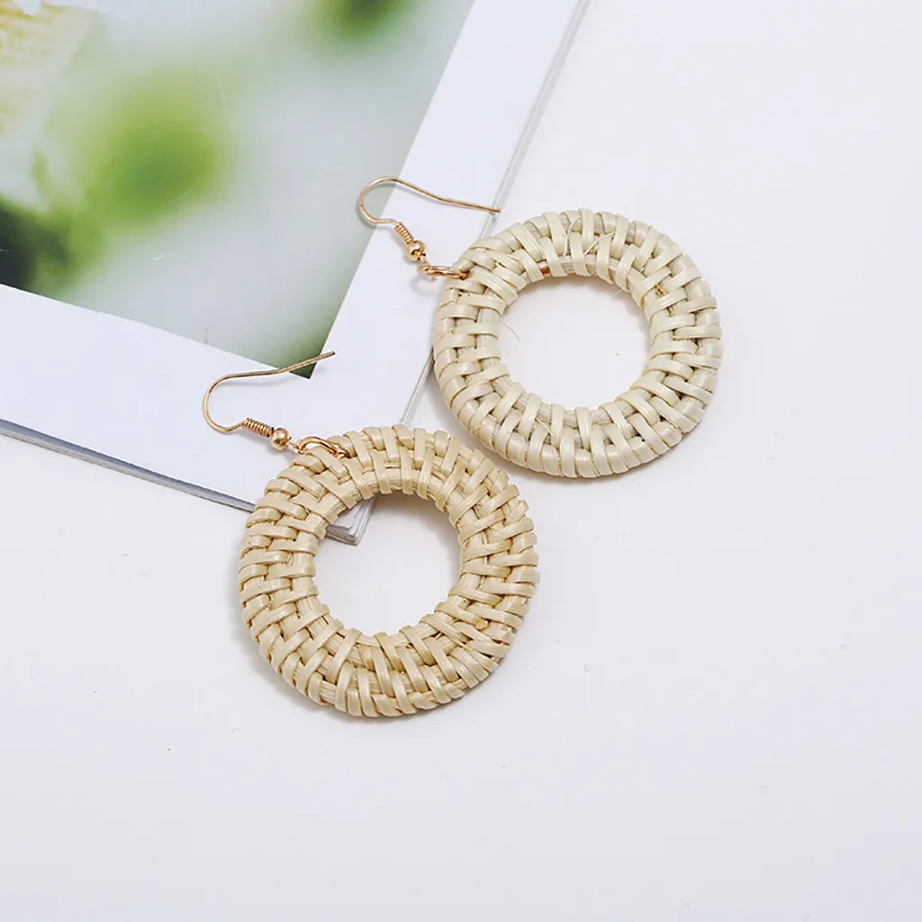 

Handmade Bohemian Wooden Rattan Wicker Straw Drop Earrings for Women Girls Vintage Geometric Declaration Earrings