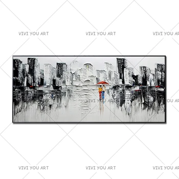 

Knife Painting Canvas Abstract Modern City Picture Handmade Knife Painting Buildings Oil Paintings for Living Room (No Frame)