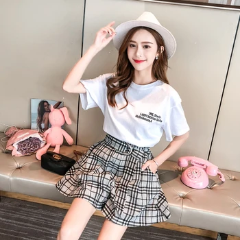 

Summer Fashion Women Sets Clothes Short Sleeved Embroidered Tops Plaid Sashes Broad Legged Shorts Casual 2 Piece Set Women Brief