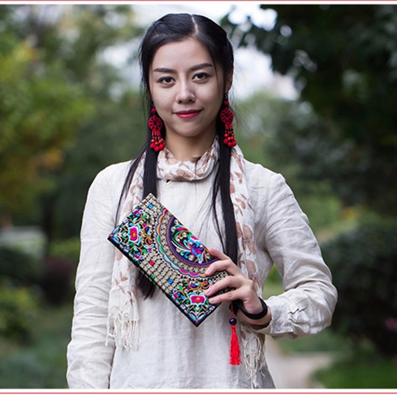 Этнический Длинный кошелек в стиле бохо с цветочной вышивкой, подарок, высококачественный брендовый кошелек из смеси хлопка, Женский Национальный Ретро кошелек на плечо