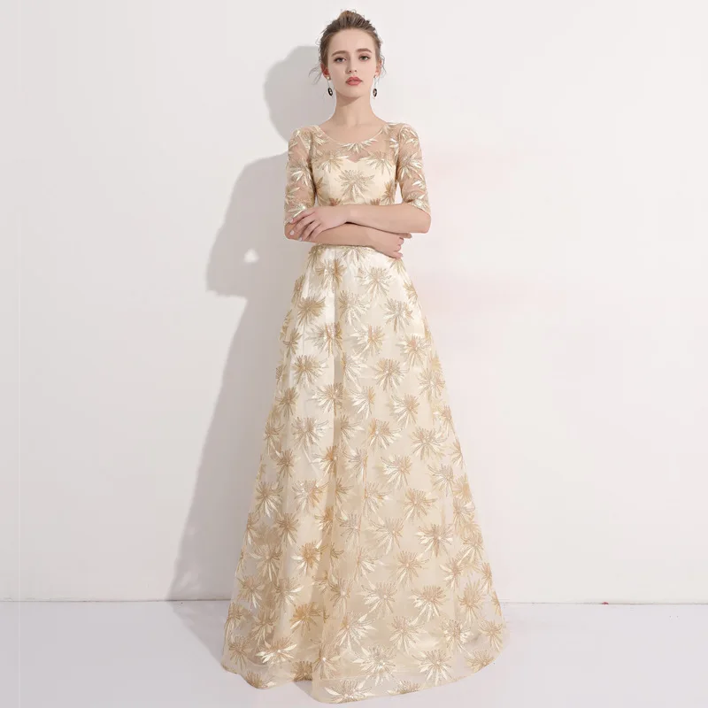 

NEW Elegant Vestidos Champagne Round Neck Embroidery Middle Sleeve Bandage Banquet Party Long Dress For Women vestidos de fiesta