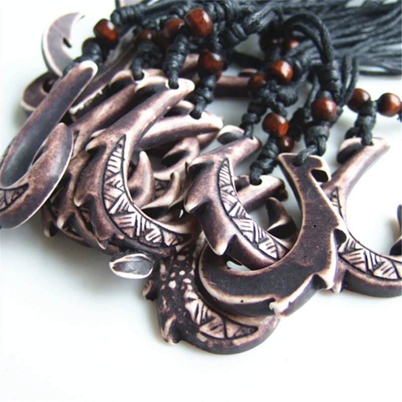 12pcs Brown Resin Yake Bone Style Maori Fish Hook Shaped Pendant Charms
