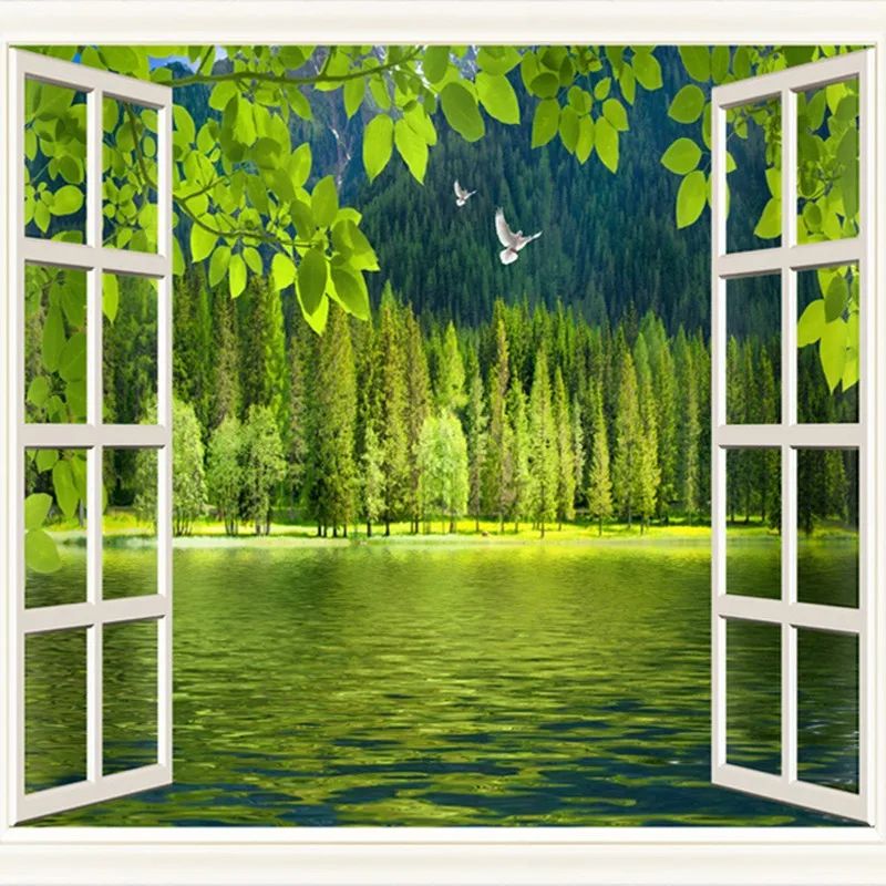 Custom-Mural-Wallpaper-For-Wall-3D-Window-Landscape-Green-Lake-Photo-Straw-Wall-Mural-Non-woven