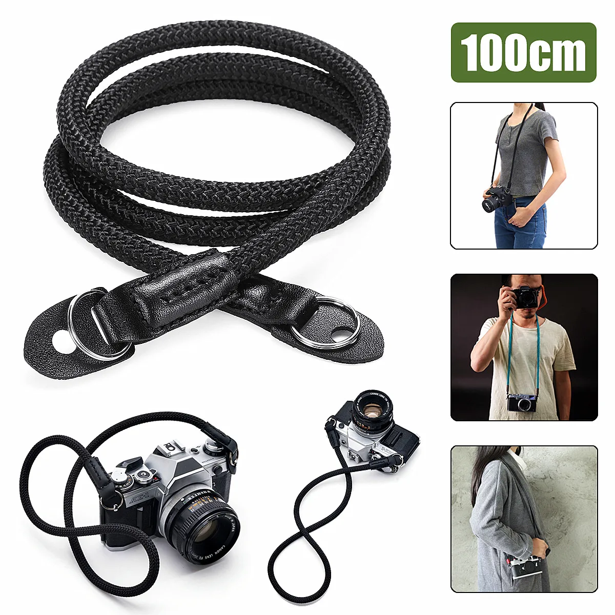 

Rope Camera Strap Black Leather Braided Shoulder Single Neck Strap HandMade Rope for Micro Digital Camera For Leica For Sony