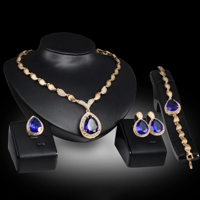 

JAVRICK Wedding Bridal Jewelry Set Blue stone Pendant Necklace Earring Bracelet Ring