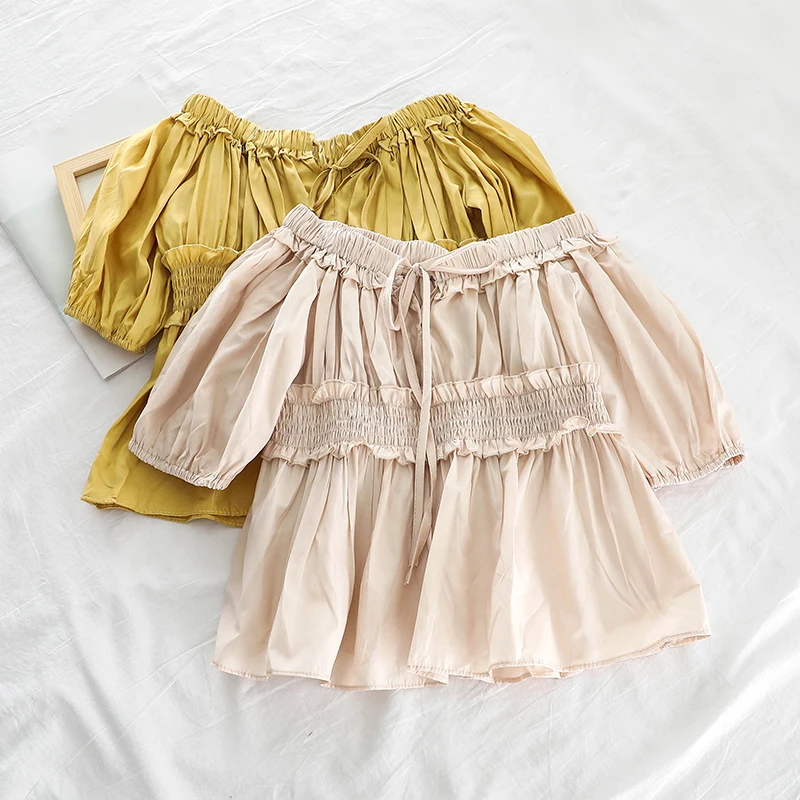 

Women Summer Vintage Ruffles Bandage Short Shirt Boho Beach Holiday High Waist Strapless Off Shoulder Blouse Tops Blusas