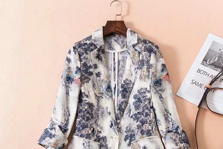 SEQINYY Short Jacket Summer Spring New Fashion Design 3/4 Sleeve Ink Forest Printed Thin Casual Women Linen Blazer