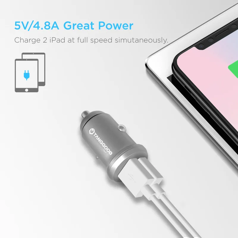 TANGGOOD Dual USB Автомобильное Зарядное устройство мини 4.8A металлический автомобиль