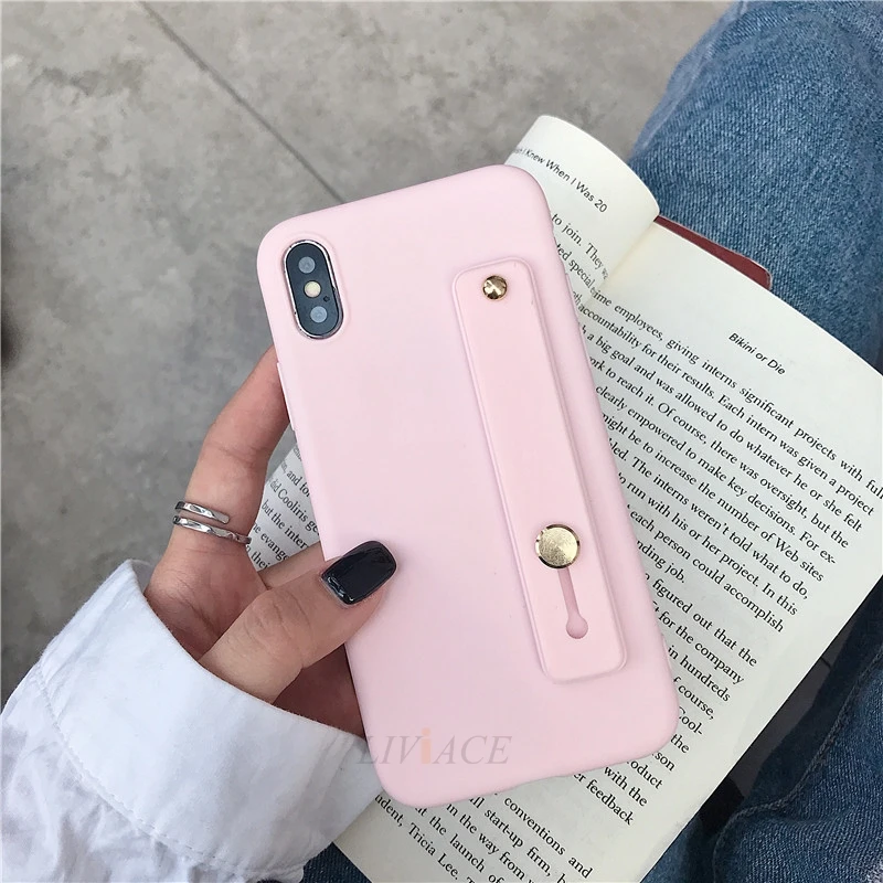 Чехол для iphone x, xr, xs, max, ремешок на руку, силиконовый чехол s, для iphone 8, 7, 6, 6s plus, 5, 5S, se, держатель, подставка, ТПУ, задняя крышка - Цвет: Hand Band light pink