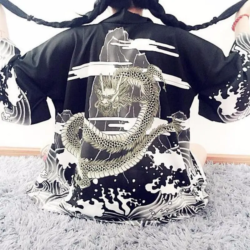 

Vintage waves and wind dragon kimono Japanese print chiffon summer sun cardigan