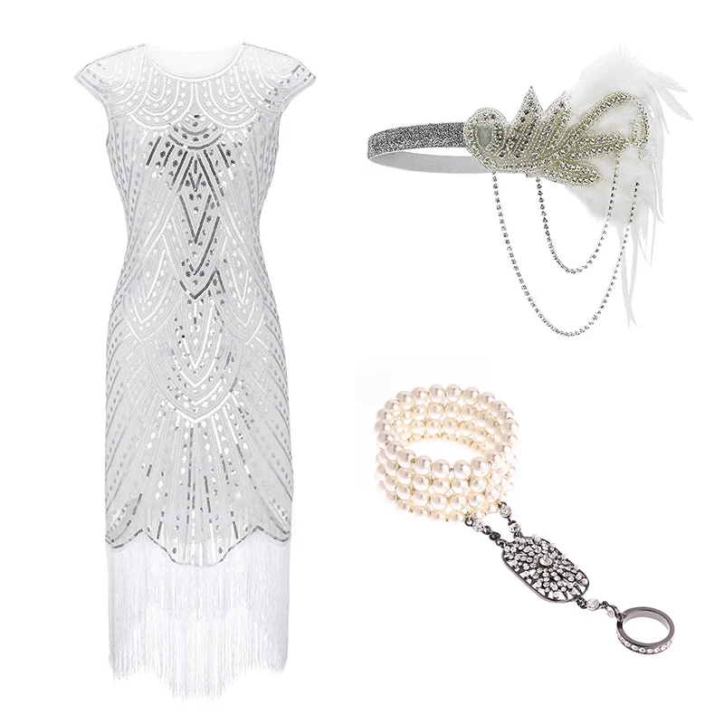 Billig 1920s Gatsby Pailletten Fransen Paisley Vintage Perlen Flapper Party Kleid mit 20s Zubehör Set Pluse Größe (Schwarz  weiß Blau Rot)