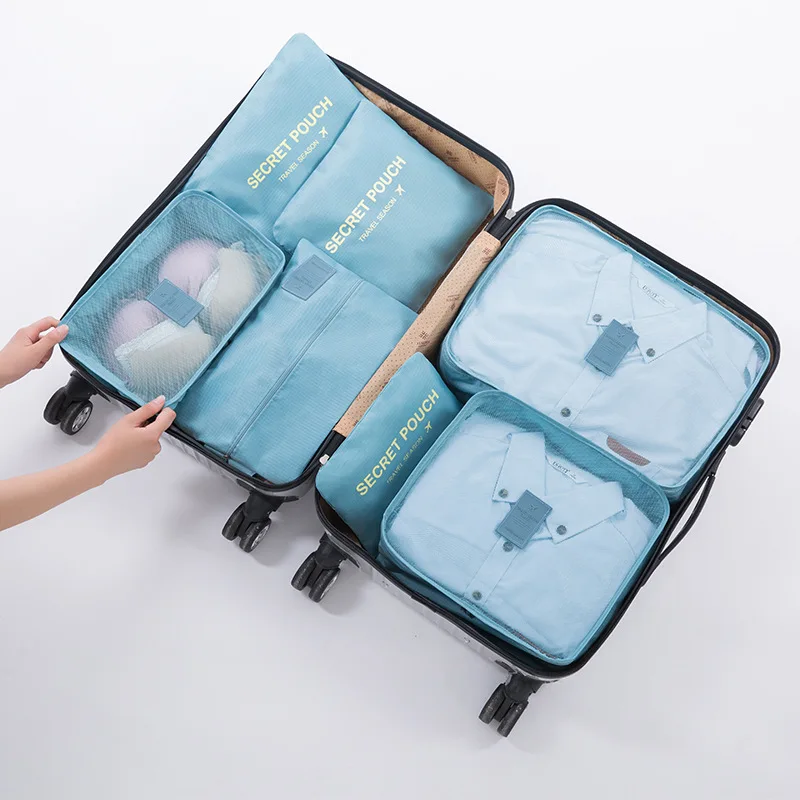 7 шт./6 шт. набор для упаковки багажа Органайзер сумка чемодан Одежда Набор для отделки обуви нижнее белье косметическая сумка для хранения аксессуары для путешествий - Цвет: 7PCS Light blue