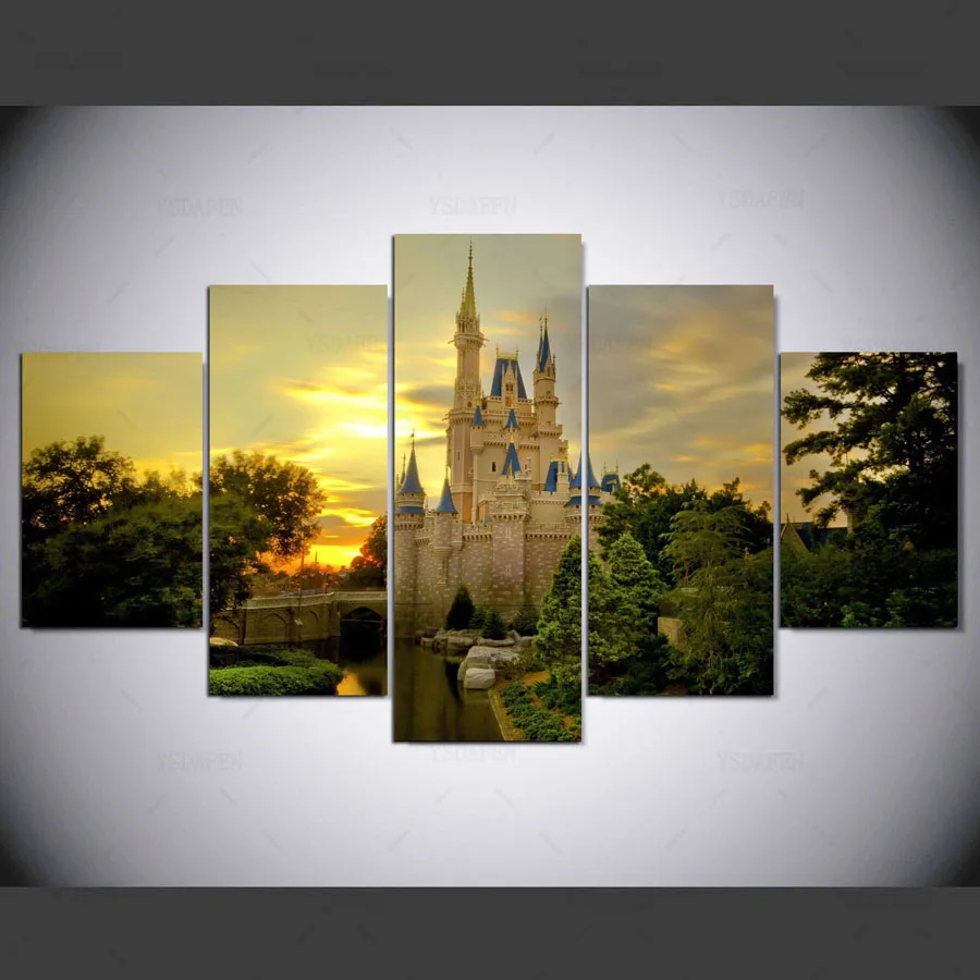 YSDAFEN 5 Pieces Printed cinderella castle Paintings Wall Art Canvas