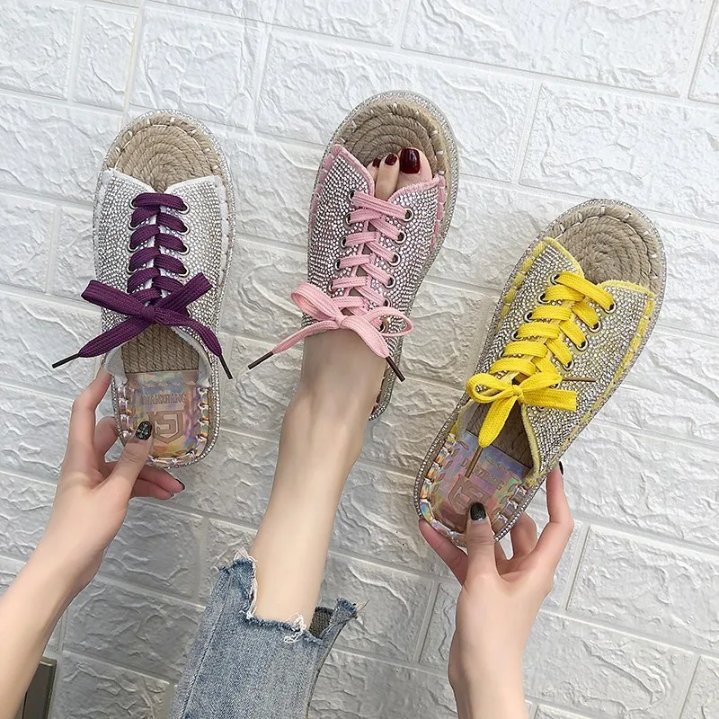 

2019 summer new fashion wild rhinestone casual shoes straw braided flat shoes one word sandals slippers women