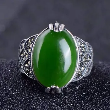 

Natural Hetian jasper Ring 925 sterling silver Natural 12*16mm green gemstone ring lace fine Jewelry for women party