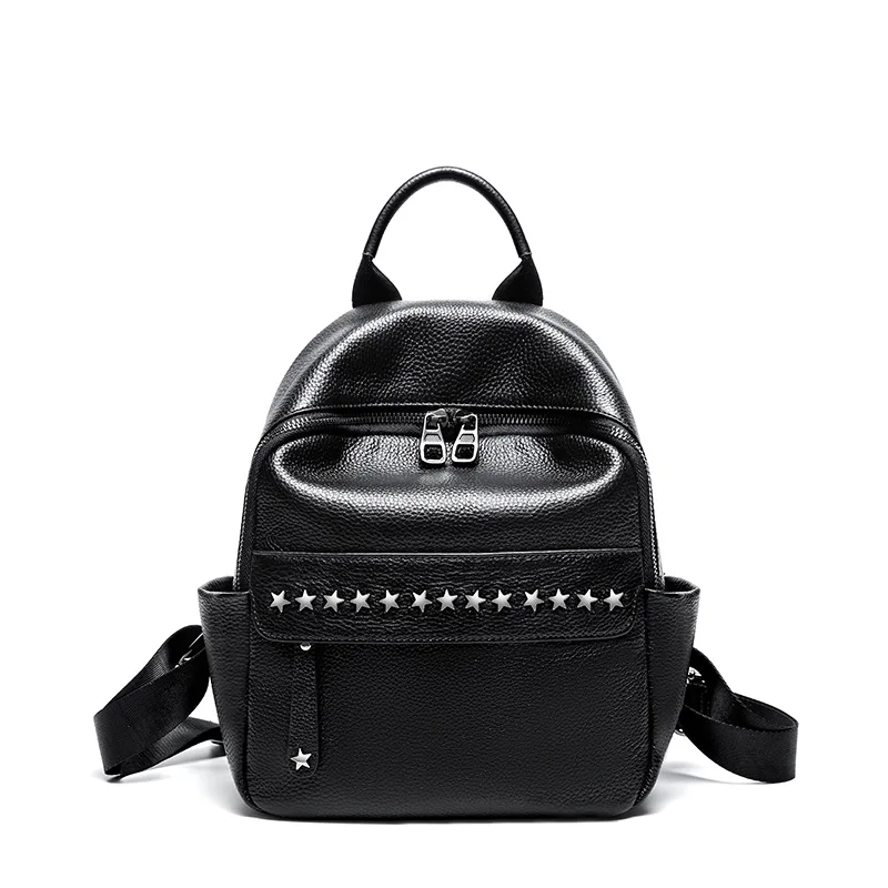 Дизайнерский женский рюкзак со звездами и заклепками, натуральная кожа, женский рюкзак для путешествий, рюкзак для девочек из воловьей кожи, школьная сумка для книг - Цвет: Черный