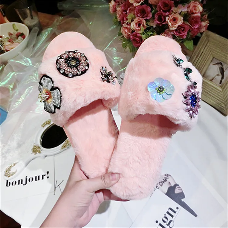 Women Indoor Slippers Shoes Flower Bee Rhinestone White Crystal Shoes Princess Ladies Autumn Winter Warm Plush Slippers M8G15 (17)