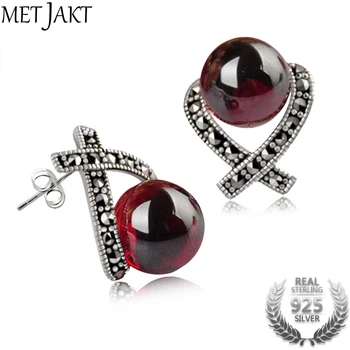 

MetJakt Agate/Garnet Earrings with Zircon Solid 925 Sterling Silver Stud Earrings for Women and Girl Party Wedding Jewelry
