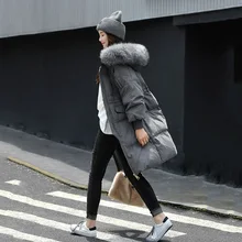 Пуховая куртка теплая зимняя одежда Женская куртка-парка новая мод вниз пальто Для женщин средней длины с большим меховым воротником, парки плотная приталенная зимняя верхняя одежда 421