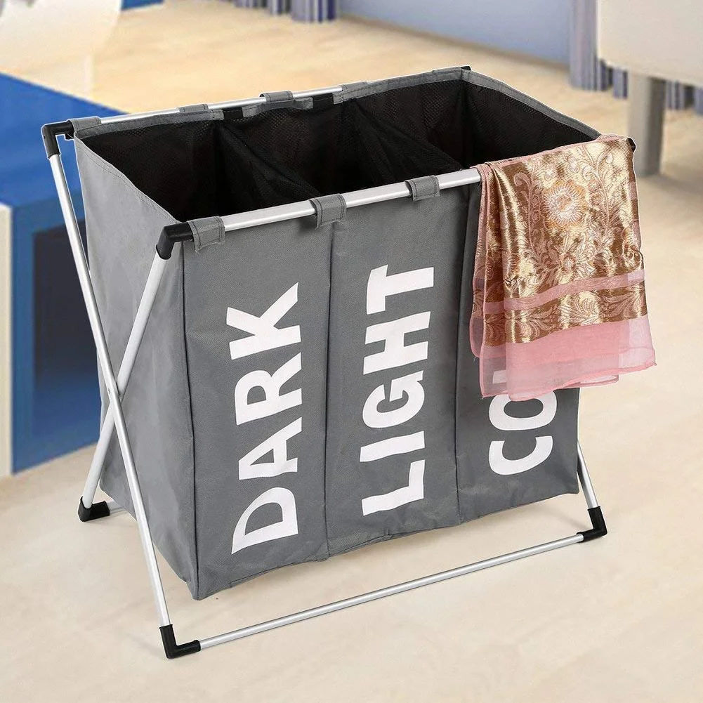 

Folding Laundry Basket Hamper Washing Storage Basket Bag 3 Section Foldable Fabric Laundry Hamper Waterproof Cloth organizer
