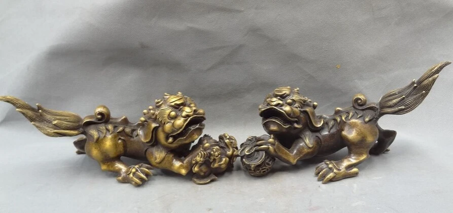 

S4124 12" China Bronze FengShui Foo Fu Dog Lion Unicorn PiXiu Ball Statue Set Pair D0318