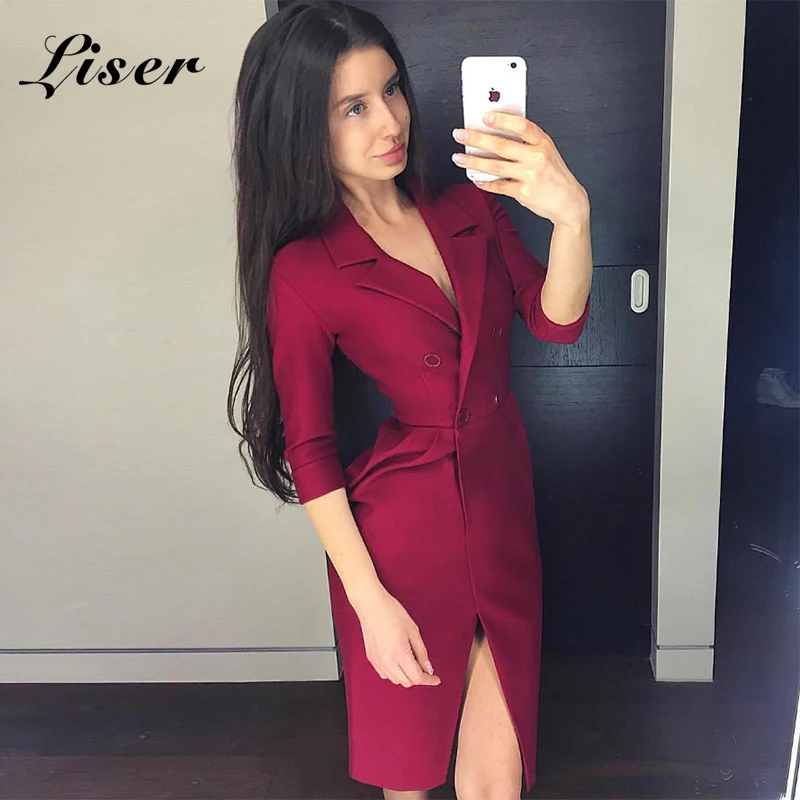 

Liser 2019 New Spring Women Dress V Neck Button Dress Sexy Bodycon Elegant Celebrity Party Burgundy Dresses Vestidos Wholesale