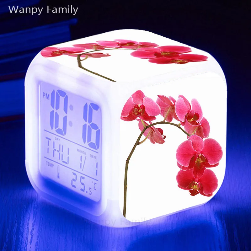 Розовый Бабочка Орхидея Будильник 7 цветов светящийся светодиодный цифровой будильник для студенческой комнаты многоцелевой электронный будильник