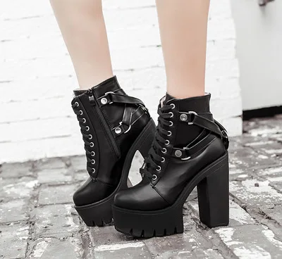 

2019 Lace-up High Heel Platform Ankle Boots Round Toe Casual Wedge Boots Square Heel Womens Boots Platform Waterproof Botas