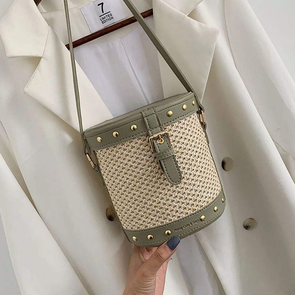 

Female Shoulder Bag Women Beach Rivet Decorative Straw Bucket Bag Burlap Square Bag Messenger Bag Sac à bandoulière femme