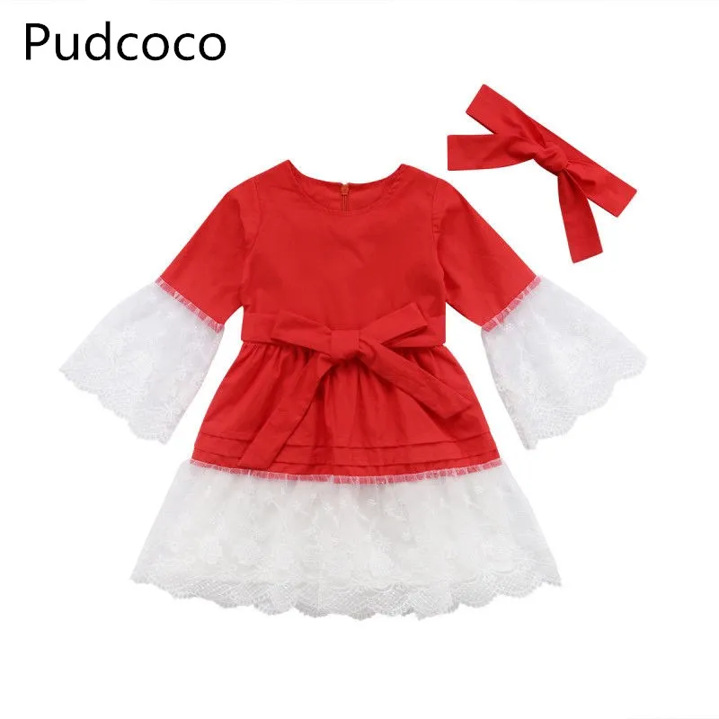 Newborn Kids Baby Girls Xmas Princess Party Lace Dress Headbnad Set Clothes Red | Детская одежда и обувь