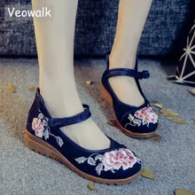 Veowalk/Высококачественная женская обувь с цветочной вышивкой из хлопчатобумажной ткани, на плоской платформе, со средним верхом, с ремешком на лодыжке, элегантная женская Повседневная Удобная обувь