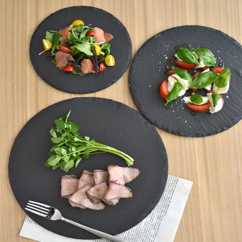XYZLSRoundNaturalSlateDinnerPlateDia20cm25cm30cmSolidStoneTrayCheesePizzaSteakDishFlatPlateFruitTray