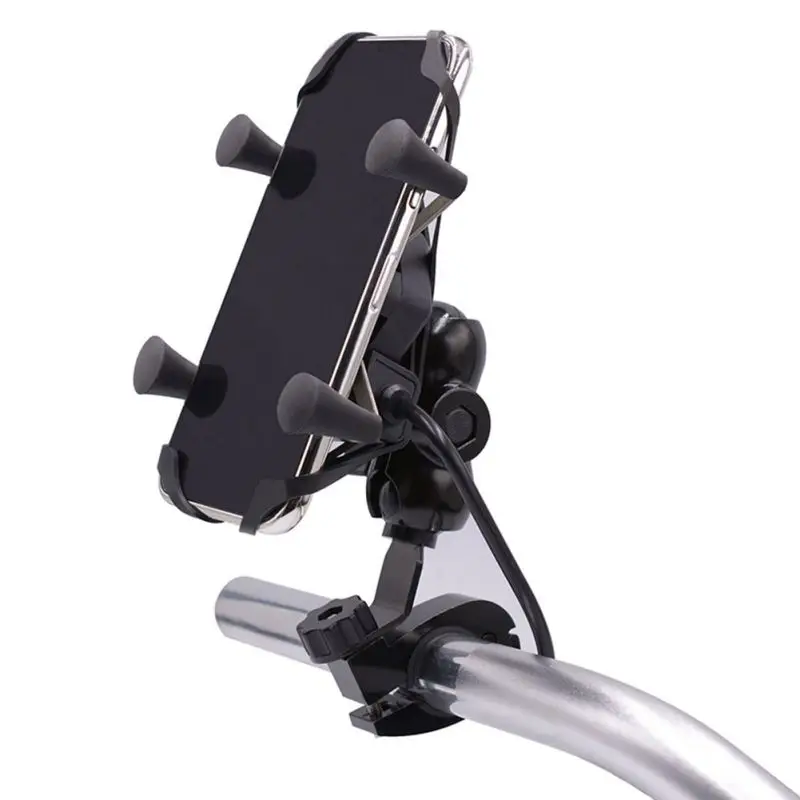 

Motorcycle Cell Phone Grip Clamp Stand Holder Mount Bracket with USB Charger Socket for Smartphones