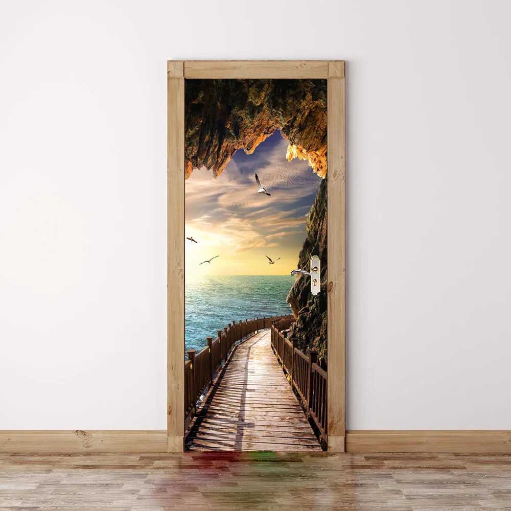 2 Panels Wooden Road Near Ocean Art Picture Mural Wall Stickers Door