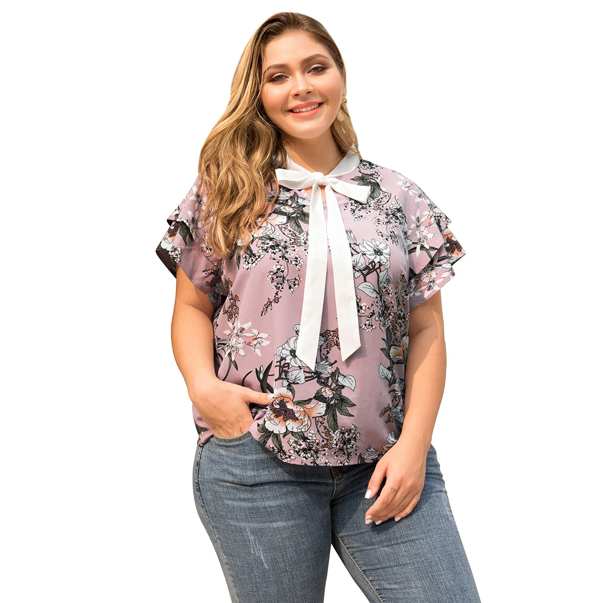 

WHZHM Summer Plus Size 3XL 4XL Bow Flower Tops Women Sexy Pink Tees Lace Up Short Petal Sleeve Floral Printed Female TShirt