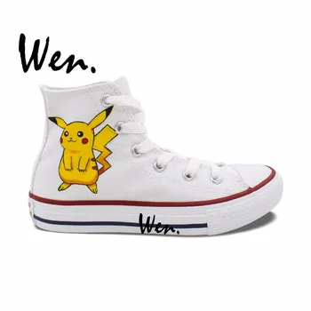 

Wen White Cartoon Hand Painted Sneakers Pokemon Pikachu Pocket Monster Painted Women Men' Gifts High Top Canvas Shoes
