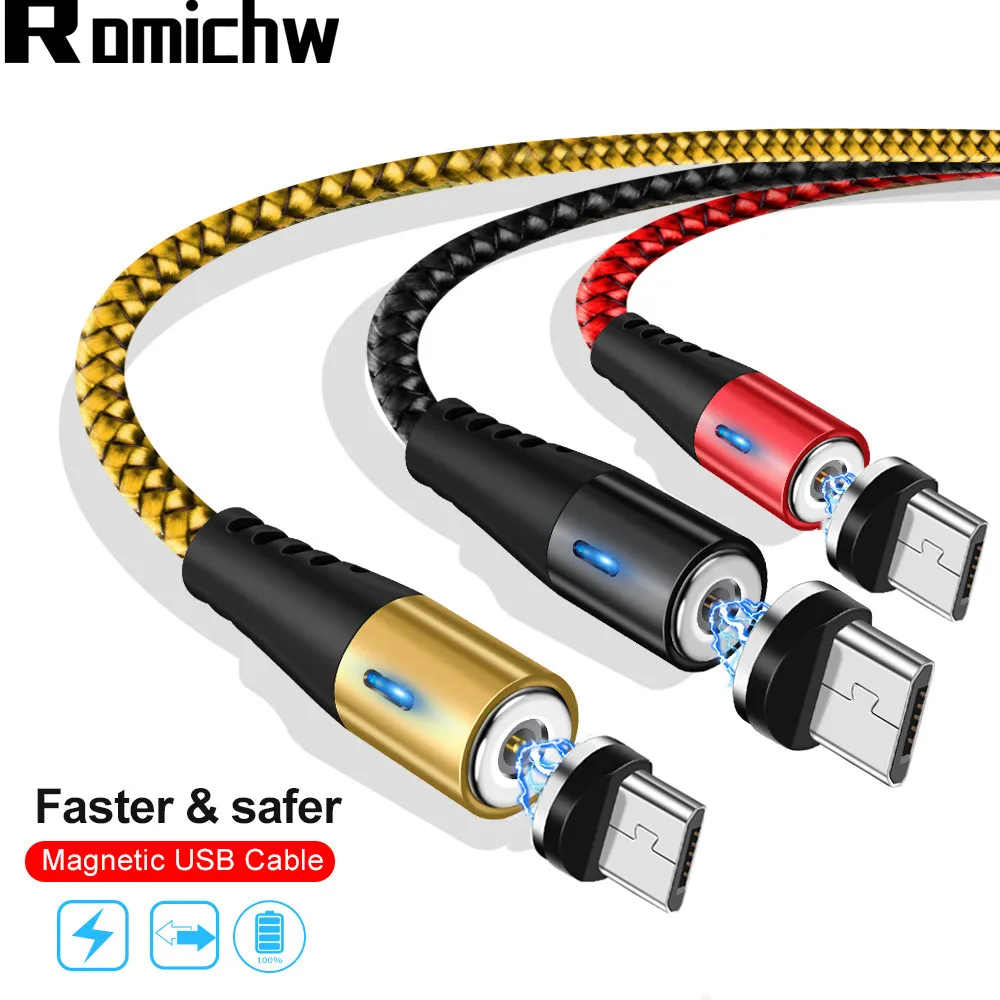 Магнитный Micro USB кабель ROMICHW для быстрой зарядки для samsung Xiaomi huawei, зарядный кабель для передачи данных Microusb Android, Магнитный зарядный шнур