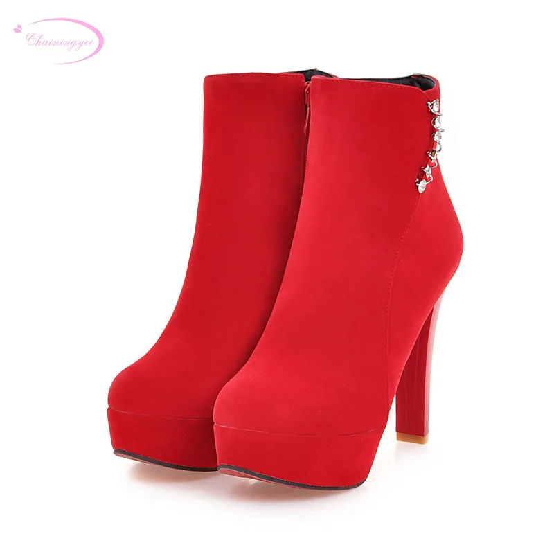 

Chainingyee party nubuck round toe ankle boots rhinestone zipper platform beige blue red black high-heeled women's riding boots