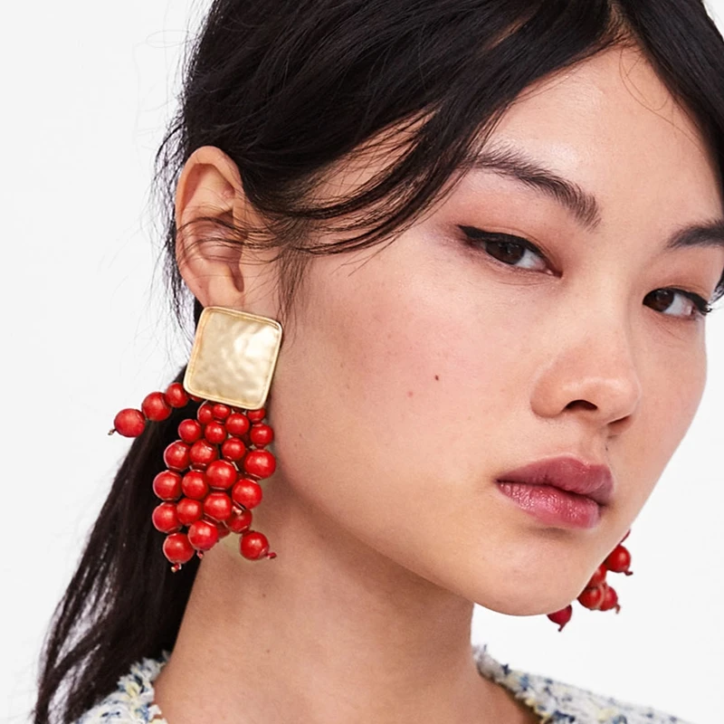 

Girlgo 2018 ZA Handmade Red Beads Tassel Earrings For Women Ethnic Statement Fringed Earrings Charm Pendientes Wedding Jewelry