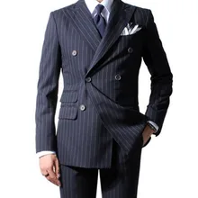 Изготовленные на заказ в узкую белую полоску свадебные костюмы темно-синие полосатые двубортные костюмы Жениха(куртка+ штаны