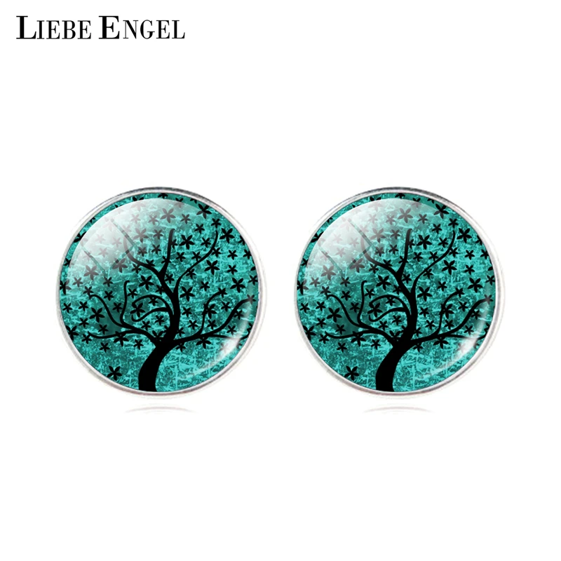 

LIEBE ENGEL Newest Glass Cabochon Earrings Fashion Life Tree Stud Earrings Women Accessories Silver Color Jewelry Fine Jewelry