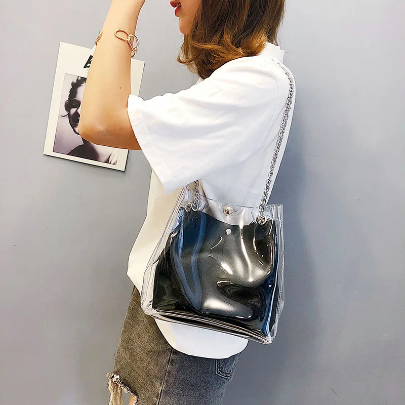 Women Small Bucket Bags Plastic Transparent Totes Composite Chain Bag Female Mini Jelly Handbags