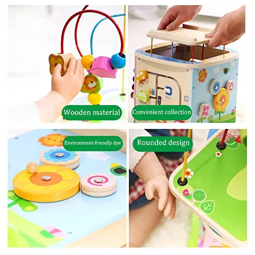 BigNoseDeer Wooden toys Activity Cube Learning Beads wire Maze Parking game Center 5 in 1 for toddlers Gift06