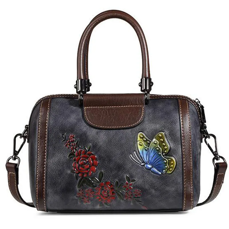 Натуральная кожа, женская сумка через плечо, Ретро стиль, цветочный узор, Бабочка, тисненая женская сумка, натуральная кожа, сумки на одно плечо - Цвет: Black